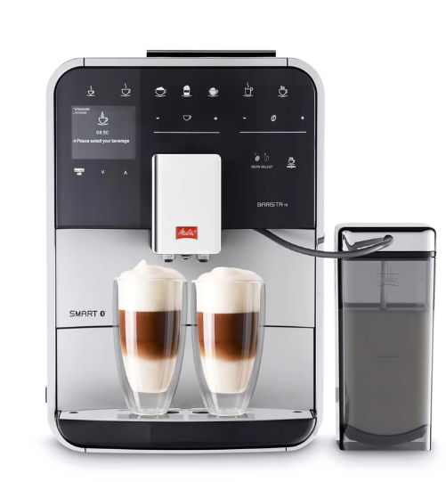 Melitta Barista TS Smart - Fully automatic coffee machine with milk system, coffee machine with grinder and 2-chamber bean container for 21 coffee specialties, app control possible, silver