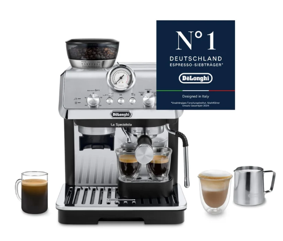 De'Longhi La Specialista Arte EC9155.MB portafilter espresso machine with grinder, 8 grind settings, 15 bar pressure, 3 temperature settings, milk frother, 1550W, 1.7L tank, stainless steel/black including barista kit