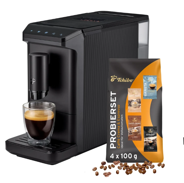 Tchibo Esperto mini fully automatic coffee machine for Caffè Crema and Espresso, only 16cm wide, small and compact, suitable for any kitchen, camping, student apartment, black - INCLUDES FREE coffee tasting set